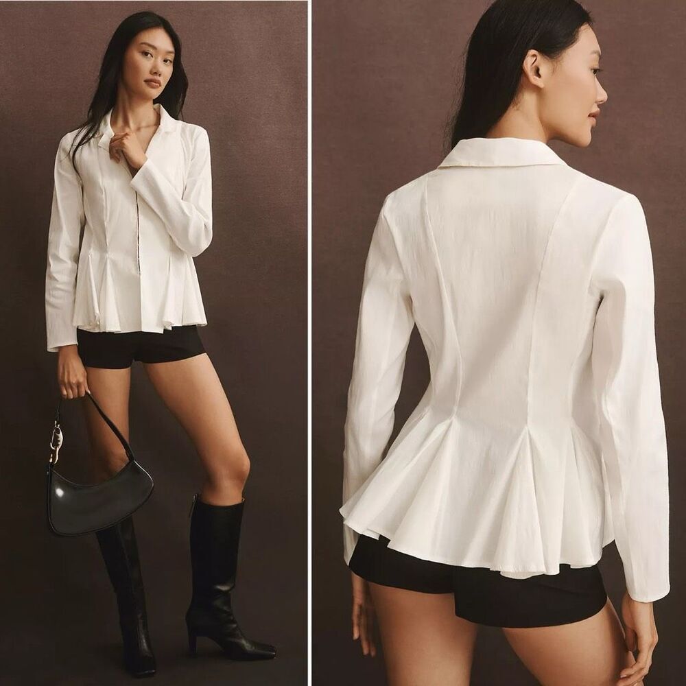 By Anthropologie Long-Sleeve Collared Linen Peplum Blouse Size Small